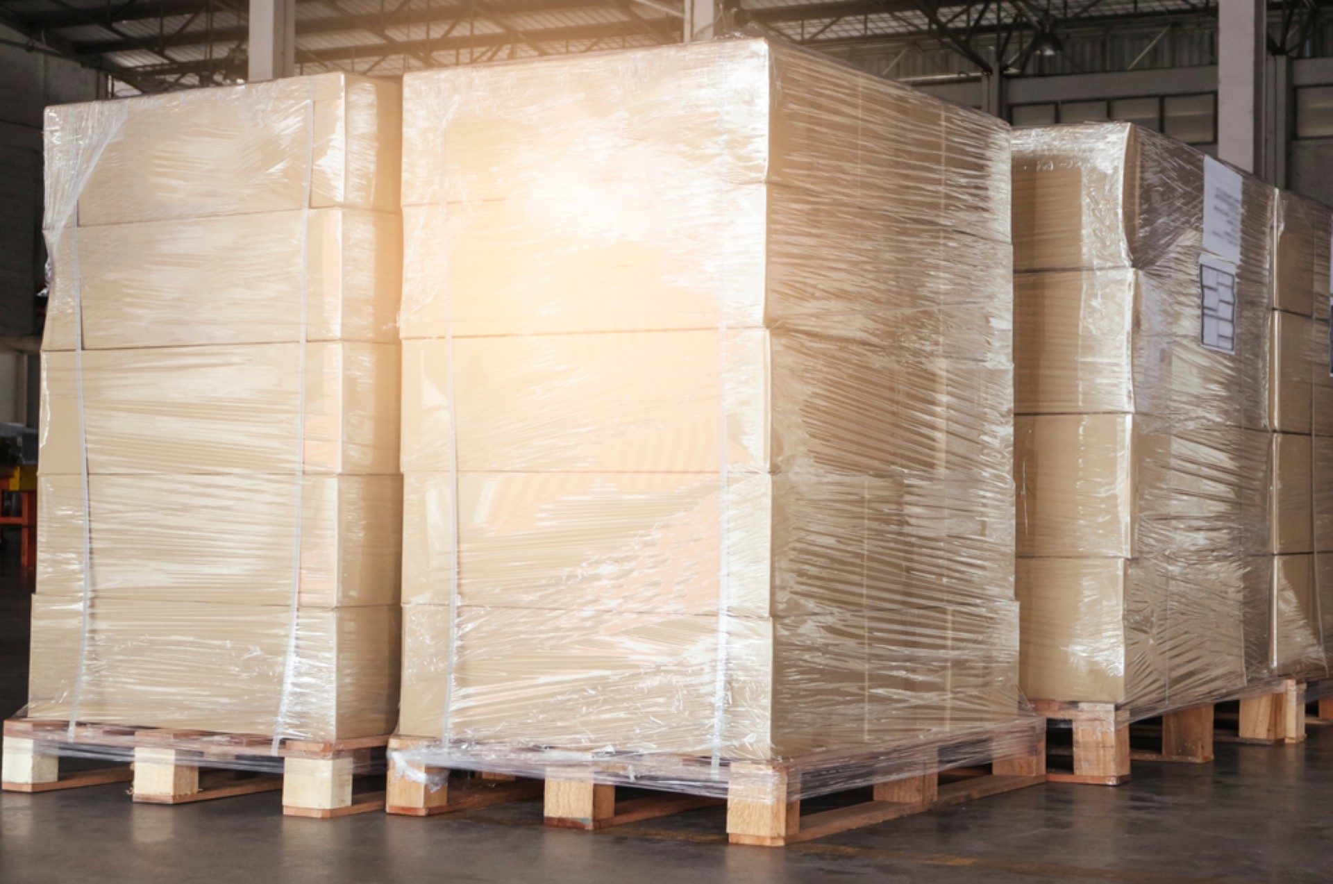 Stretch-wrapped pallets in a warehouse
